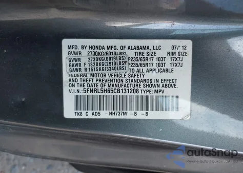 2012 Honda Odyssey Ex-L from USA, damaged, VIN 5FNRL5H65CB131208